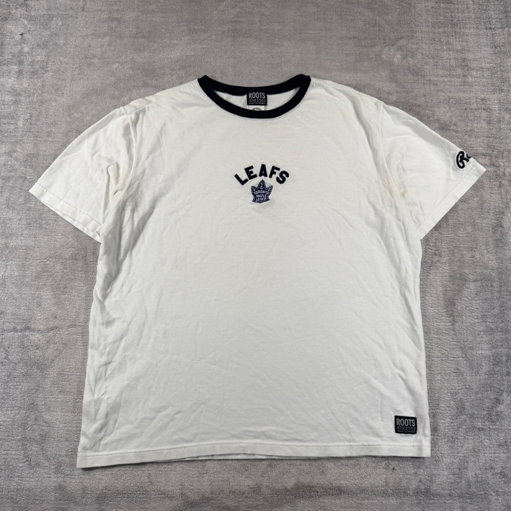 Roots Shirt Mens Large White Toronto Maple Leafs Ringer Tee NHL Hockey Canada